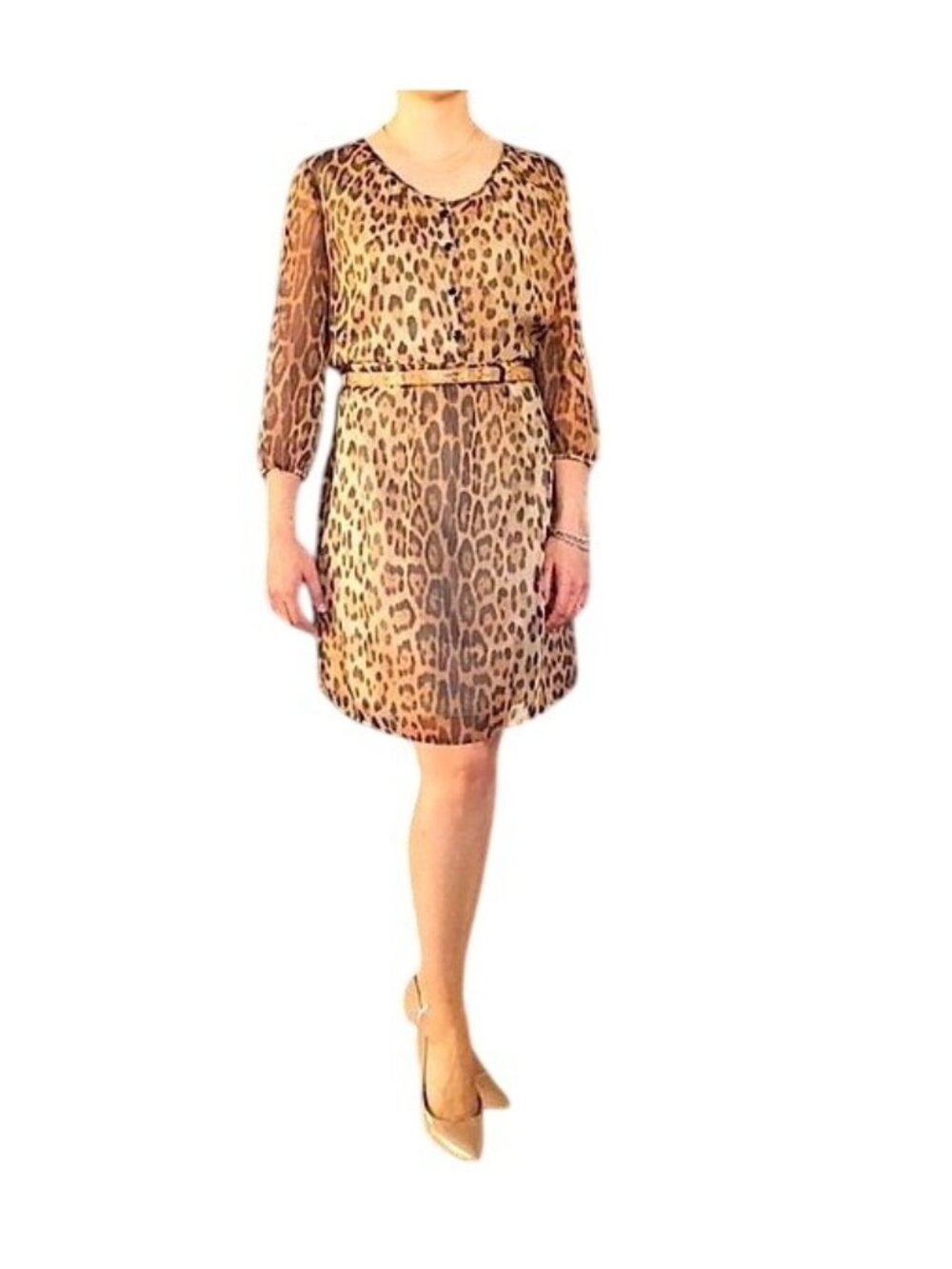 DANIEL CREMIEUX- WOMENS BOHO 3/4 SLEEVE LEOPARD PRINT KNEE LENGHT DRESS SIZE 8